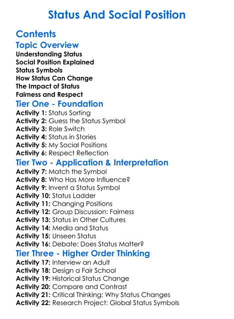 Status And Social Position Worksheet Activity Booklet