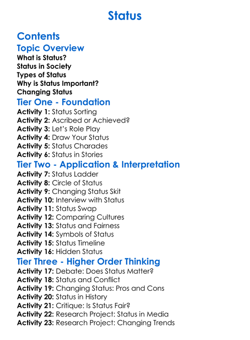 Status Worksheet Activity Booklet