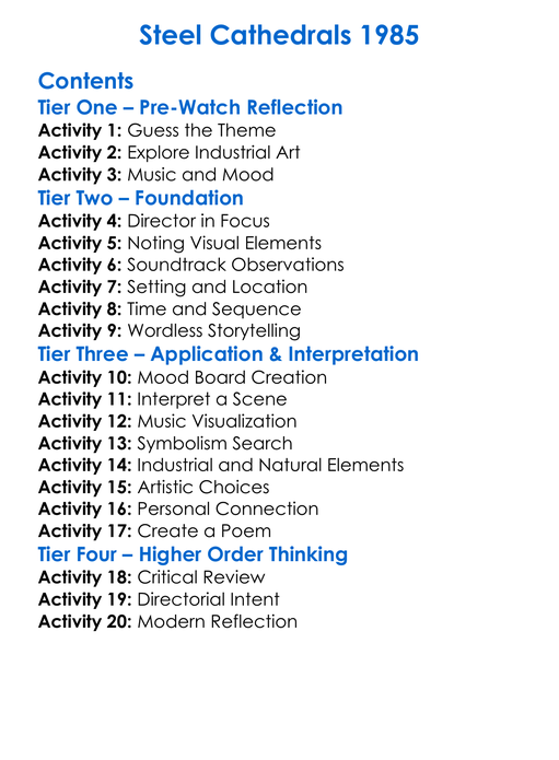 Steel Cathedrals 1985 Worksheet Activity Booklet