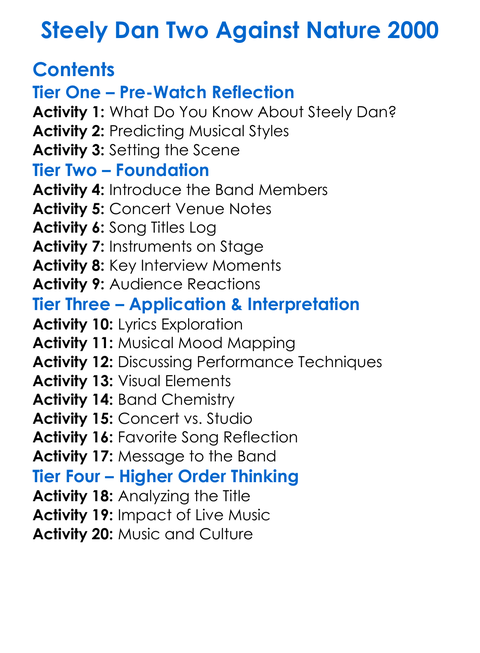 Steely Dan Two Against Nature 2000 Worksheet Activity Booklet