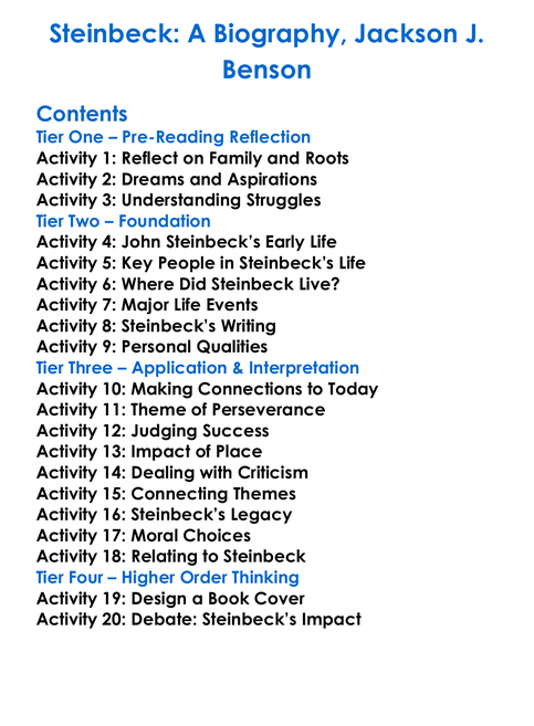 Steinbeck A Biography Jackson J Benson Worksheet Activity Booklet