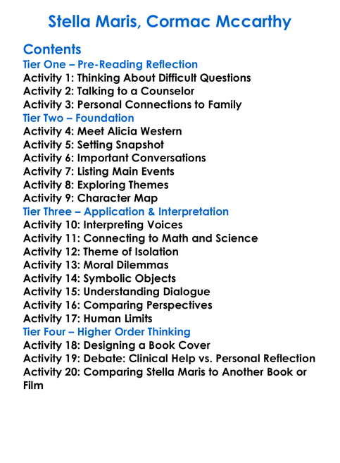 Stella Maris Cormac Mccarthy Worksheet Activity Booklet