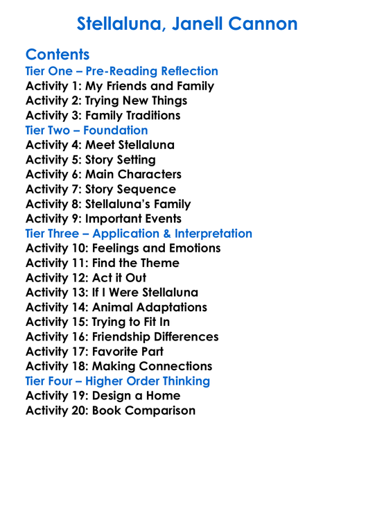 Stellaluna Janell Cannon Worksheet Activity Booklet