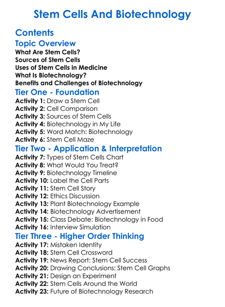 Stem Cells And Biotechnology Worksheet Activity Booklet