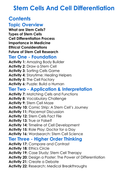 Stem Cells And Cell Differentiation Worksheet Activity Booklet