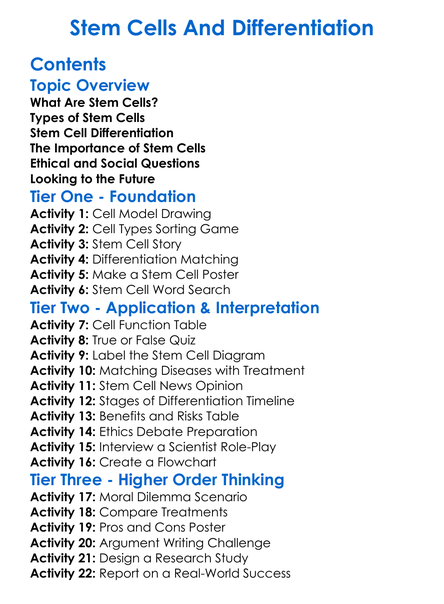 Stem Cells And Differentiation Worksheet Activity Booklet