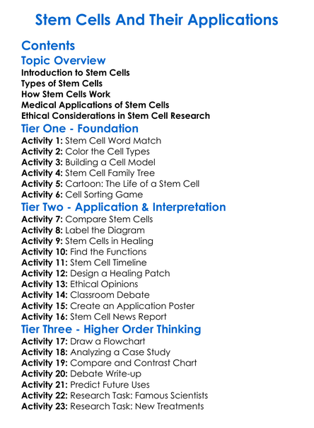 Stem Cells And Their Applications Worksheet Activity Booklet