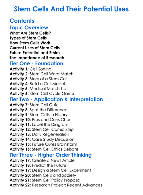 Stem Cells And Their Potential Uses Worksheet Activity Booklet