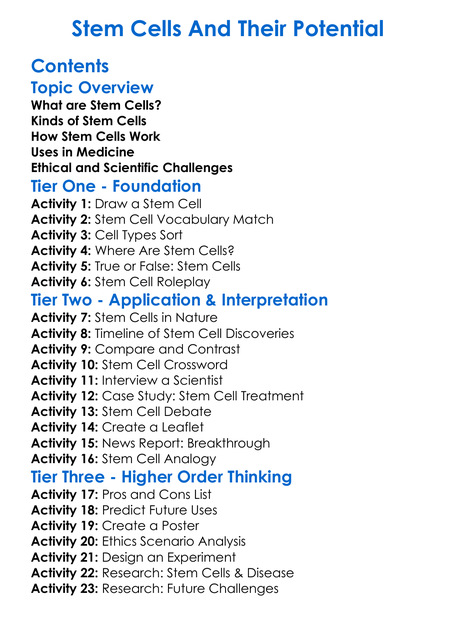 Stem Cells And Their Potential Worksheet Activity Booklet
