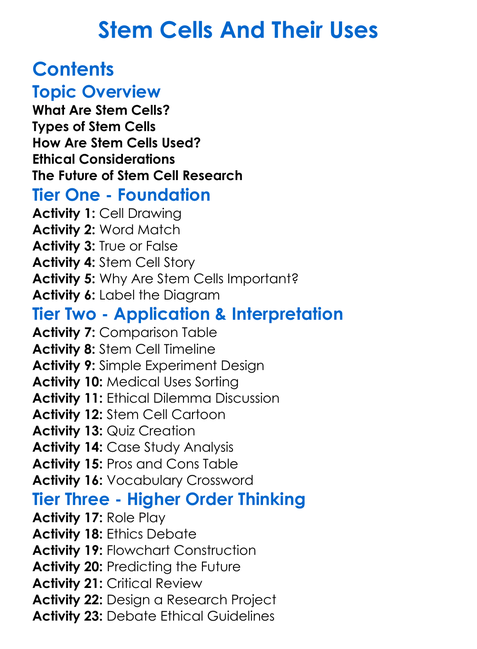 Stem Cells And Their Uses Worksheet Activity Booklet