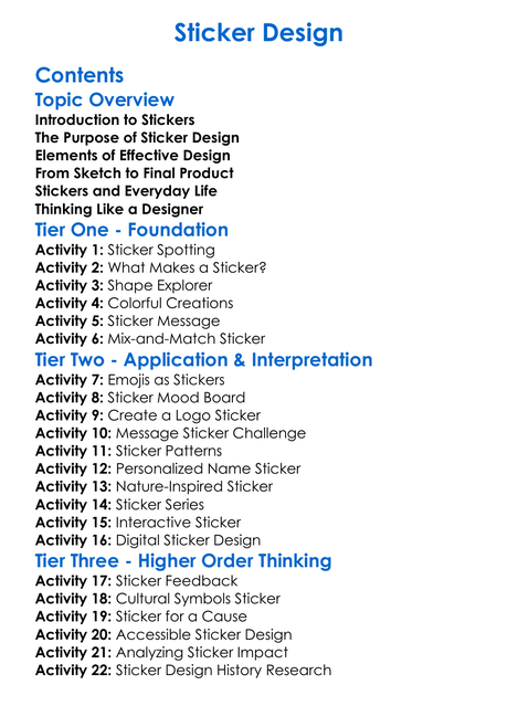 Sticker Design Worksheet Activity Booklet