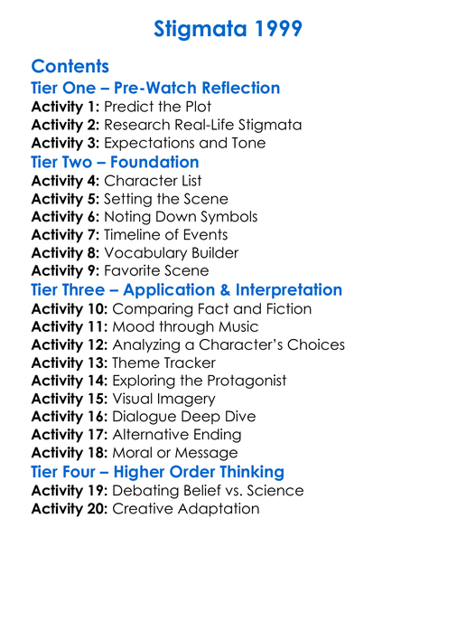 Stigmata 1999 Worksheet Activity Booklet