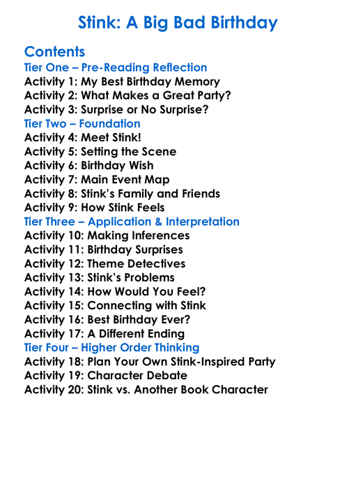 Stink A Big Bad Birthday Worksheet Activity Booklet