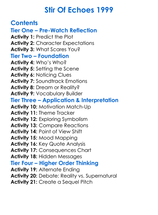 Stir Of Echoes 1999 Worksheet Activity Booklet