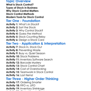 Stock Control Worksheet Activity Booklet