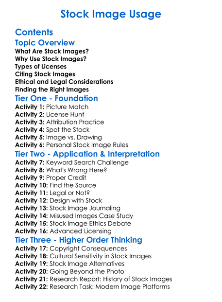 Stock Image Usage Worksheet Activity Booklet