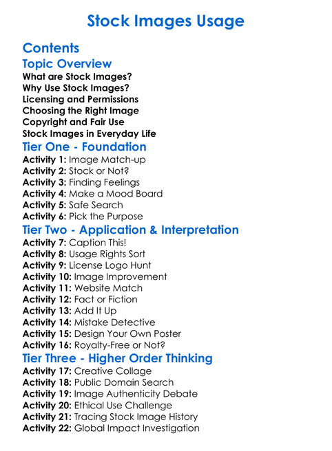 Stock Images Usage Worksheet Activity Booklet