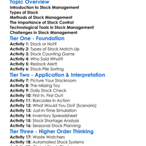 Stock Management Worksheet Activity Booklet