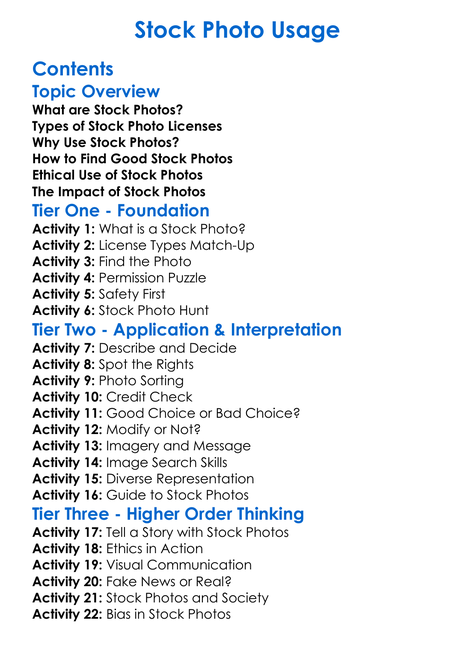 Stock Photo Usage Worksheet Activity Booklet