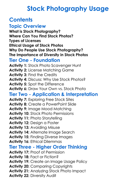 Stock Photography Usage Worksheet Activity Booklet