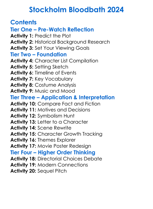 Stockholm Bloodbath 2024 Worksheet Activity Booklet