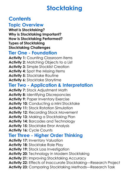 Stocktaking Worksheet Activity Booklet