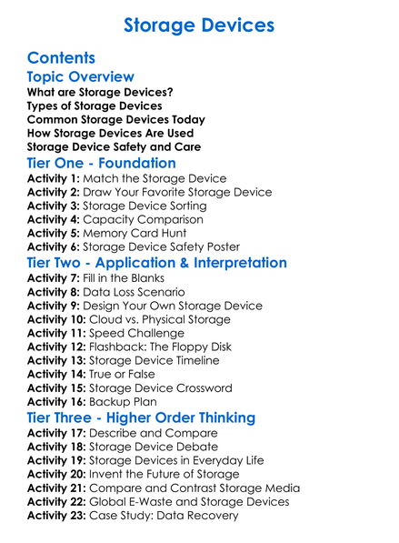 Storage Devices Worksheet Activity Booklet