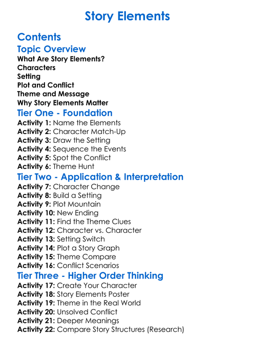 Story Elements Worksheet Activity Booklet