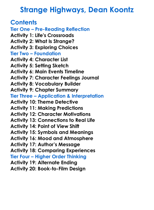 Strange Highways Dean Koontz Worksheet Activity Booklet