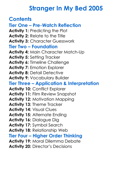 Stranger In My Bed 2005 Worksheet Activity Booklet