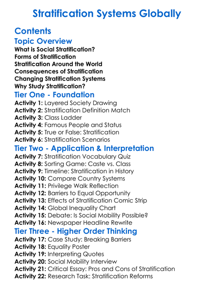 Stratification Systems Globally Worksheet Activity Booklet