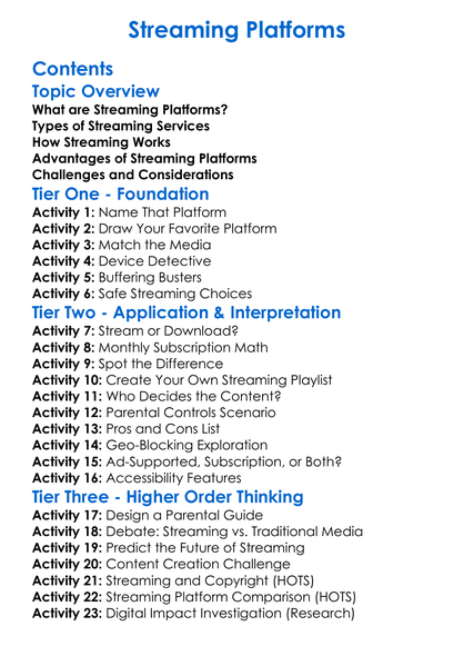 Streaming Platforms Worksheet Activity Booklet