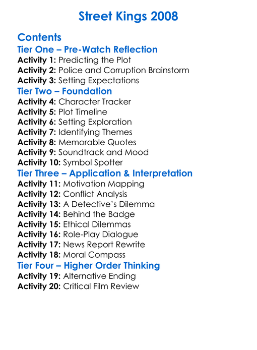 Street Kings 2008 Worksheet Activity Booklet