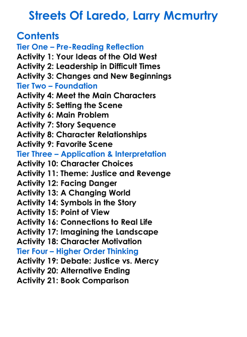 Streets Of Laredo Larry Mcmurtry Worksheet Activity Booklet