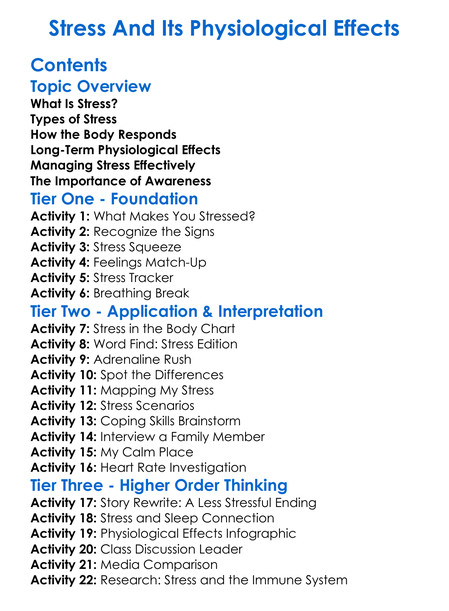 Stress And Its Physiological Effects Worksheet Activity Booklet