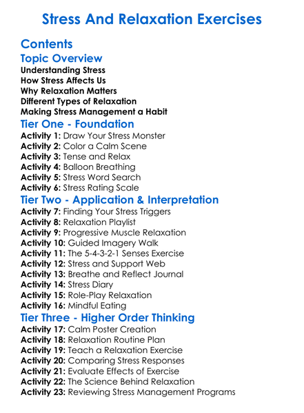 Stress And Relaxation Exercises Worksheet Activity Booklet