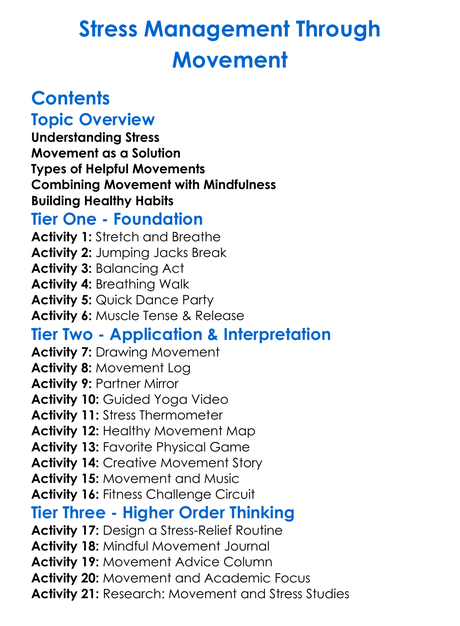 Stress Management Through Movement Worksheet Activity Booklet