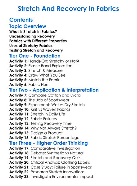 Stretch And Recovery In Fabrics Worksheet Activity Booklet