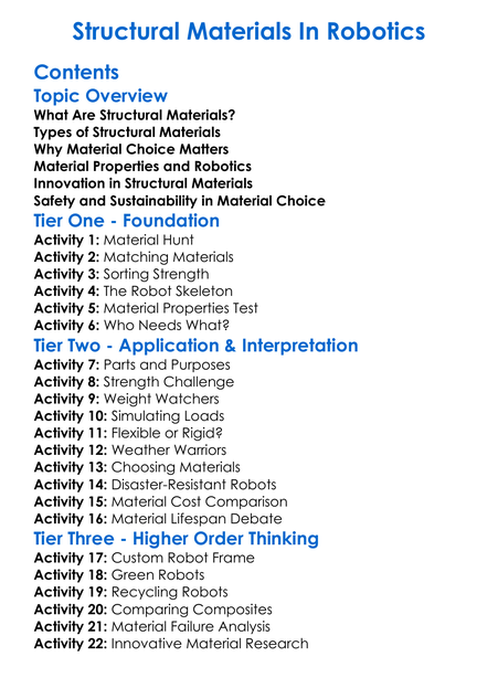Structural Materials In Robotics Worksheet Activity Booklet