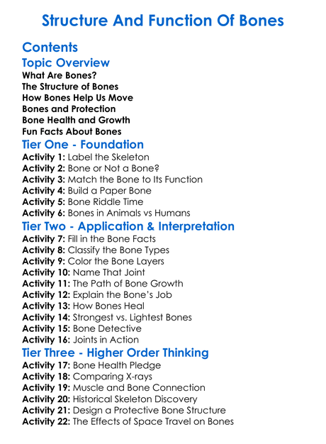 Structure And Function Of Bones Worksheet Activity Booklet
