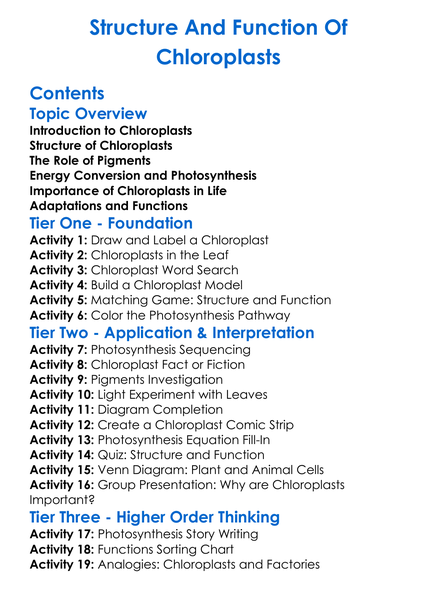 Structure And Function Of Chloroplasts Worksheet Activity Booklet