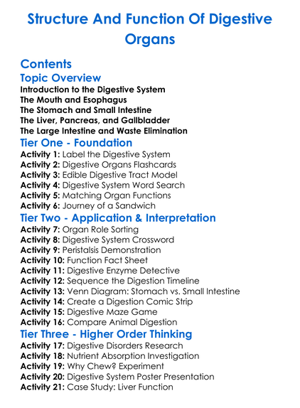 Structure And Function Of Digestive Organs Worksheet Activity Booklet