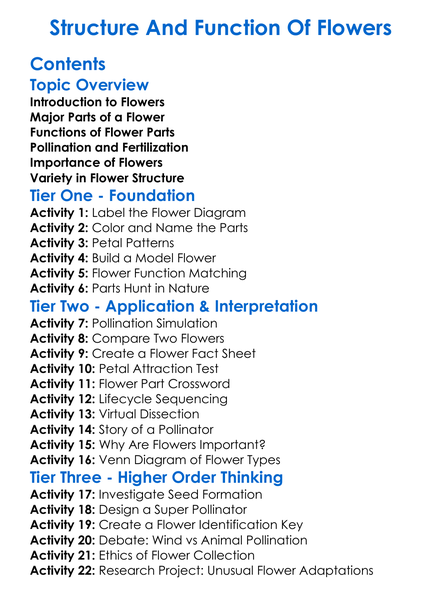 Structure And Function Of Flowers Worksheet Activity Booklet