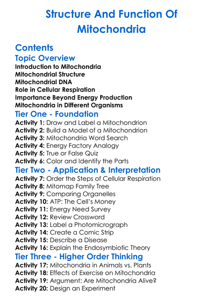 Structure And Function Of Mitochondria Worksheet Activity Booklet