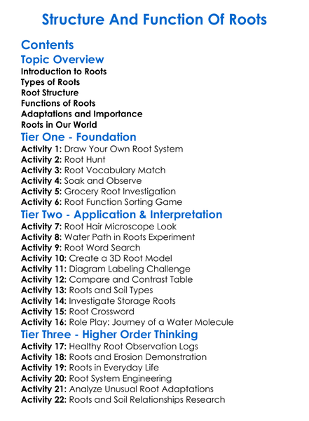 Structure And Function Of Roots Worksheet Activity Booklet