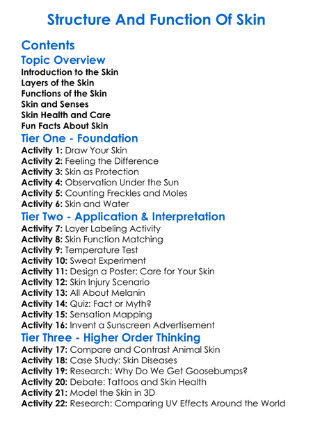Structure And Function Of Skin Worksheet Activity Booklet