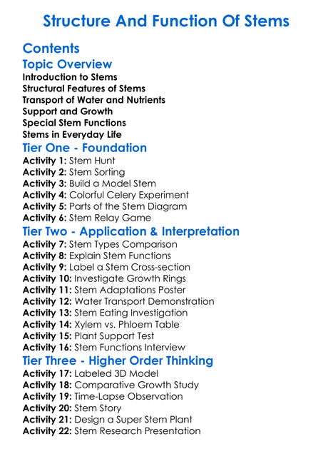 Structure And Function Of Stems Worksheet Activity Booklet