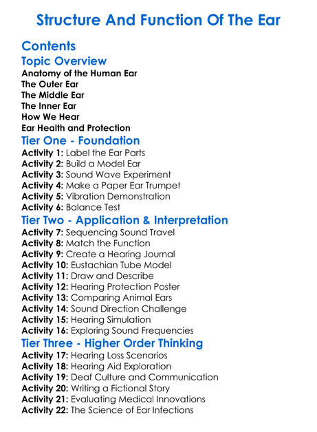 Structure And Function Of The Ear Worksheet Activity Booklet
