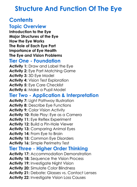 Structure And Function Of The Eye Worksheet Activity Booklet