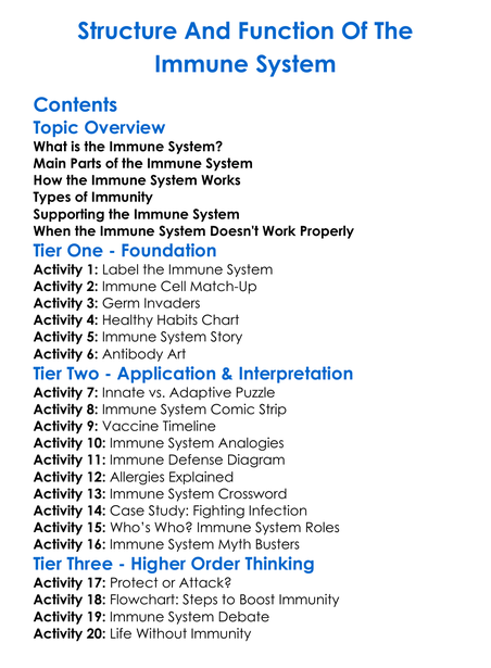 Structure And Function Of The Immune System Worksheet Activity Booklet